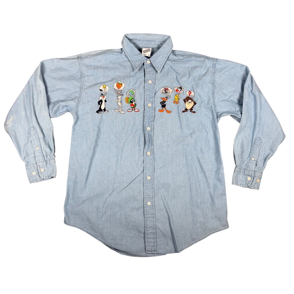 Vintage 1998 Warner Bros Studio Store Looney Tunes Embroidered Denim Shirt M